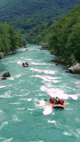 People in Inflatable Rafts Paddling Through River Rapids - Whitewater Rafting Aerial View. Whitewater rafting team descending raging rapids. Drone POV of picturesque river canyon. Active Vacations.