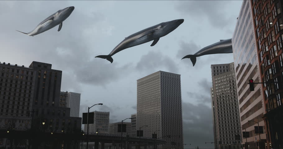 A surreal scene shows enormous whales soaring above towering skyscrapers, creating a vivid, dreamlike atmosphere