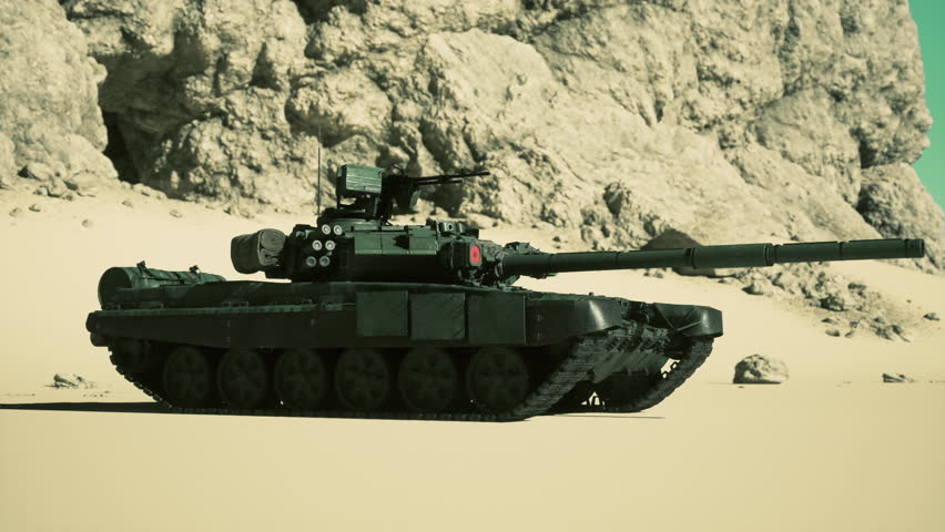 A military tank is parked amidst the deserts sandy terrain, framed by towering mountains in the distance.
