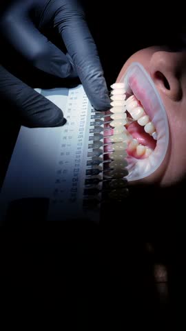 Professional dentist comparing tooth shade using color samples during teeth whitening procedure in modern dental clinic, carefully selecting optimal whitening treatment