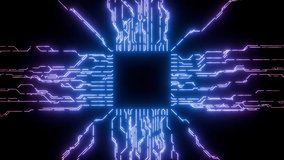 Seamless loop. Glowing Futuristic Circuit Board with Neon Purple and Blue Lines Radiating from a Central Microchip. For Technology product background - Powered by Shutterstock - Get 15% off with code: PIKWIZARD15
