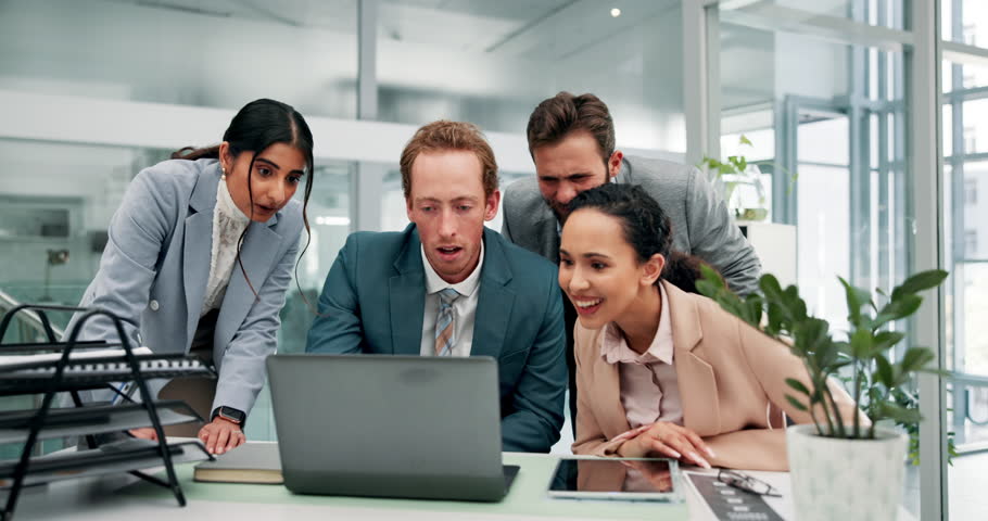 Fail, finance and people on laptop with loss for economic crash, stock market drop and bad investment. Crisis, upset team and man with stress for financial mistake, exchange risk or price plummet