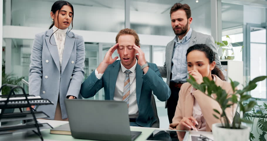Fail, finance and people on laptop with loss for economic crash, stock market drop and bad investment. Crisis, upset team and man with stress for financial mistake, exchange risk or price plummet