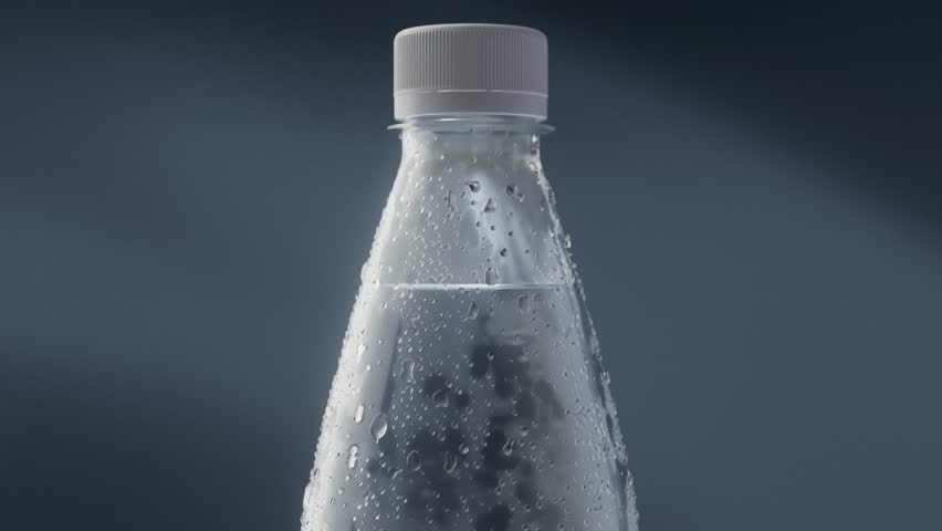 Close-up 3D animation of a cold water bottle with realistic condensation droplets forming on its surface. One droplet slowly slides down.