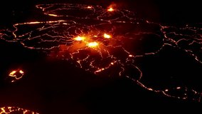Aerial footage showing vivid lava cracks glowing across dark volcanic terrain. The molten fissures and eruptions highlight natural volcanic activity and geothermal heat. - Powered by Shutterstock - Get 15% off with code: PIKWIZARD15