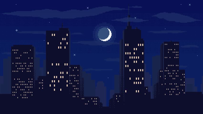 Night time cityscape pixel animated background. High buildings silhouette with moon, stars and clouds seamless loop animation. 2d pixel video game nighttime with modern skyscrapers in city.