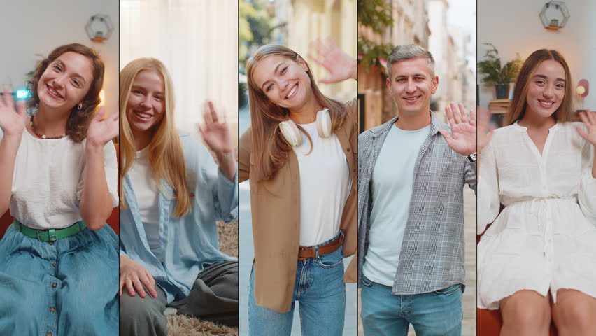 Collage of happy smiling people men women diverse gender different ages ethnicity waving hands friendly gesturing invitation hello, hi, creating welcoming vibe, hospitable expression. Conversation