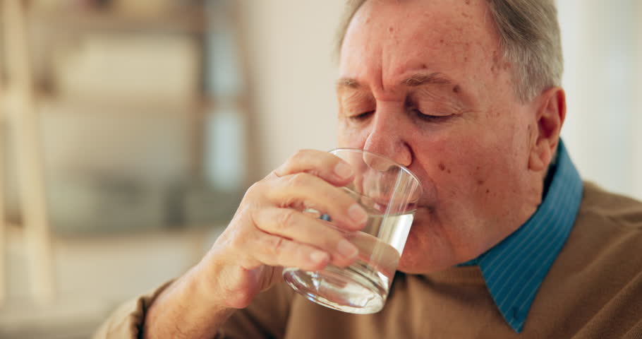 Senior man, tremors and drink water for hydration, slow movement and symptoms of parkinsons disease. Elderly person, thirsty and refreshing beverage, diet wellness and nervous system disorder at home
