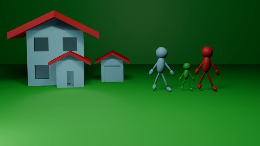 Real estate house plot for sale with animated dancing family 4k 3d animation concept 