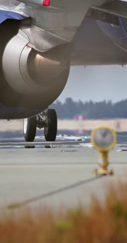 Intimate view of airplane wheels hitting the runway. The moment of contact is captured with runway lights in foreground and gear compression. focused on aircraft detail, movement, and preparation