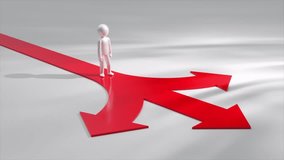 3d character is standing at a crossroads with three red arrows pointing in different directions, symbolizing choices, decisions, and the future. 3D Illustration - Powered by Shutterstock - Get 15% off with code: PIKWIZARD15