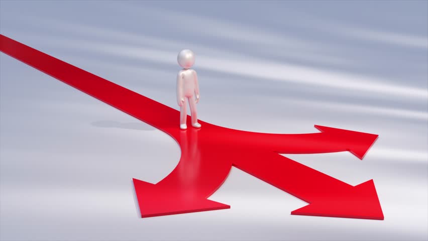 3d character businessman walking along a red arrow road, navigating multiple paths and making a crucial decision about which direction to take for future success and growth. 3D Illustration