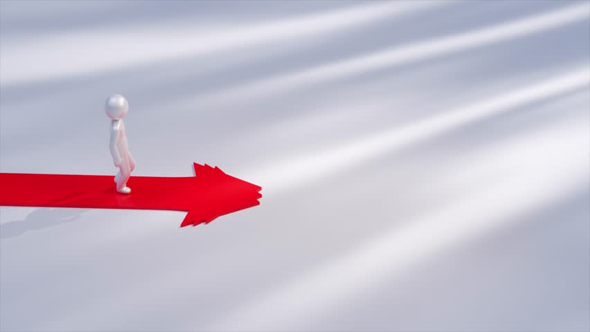 Metallic mannequin is walking on a red path that splits into three red arrows, symbolizing choices, directions, strategy, opportunities, and decision-making. 3D Illustration