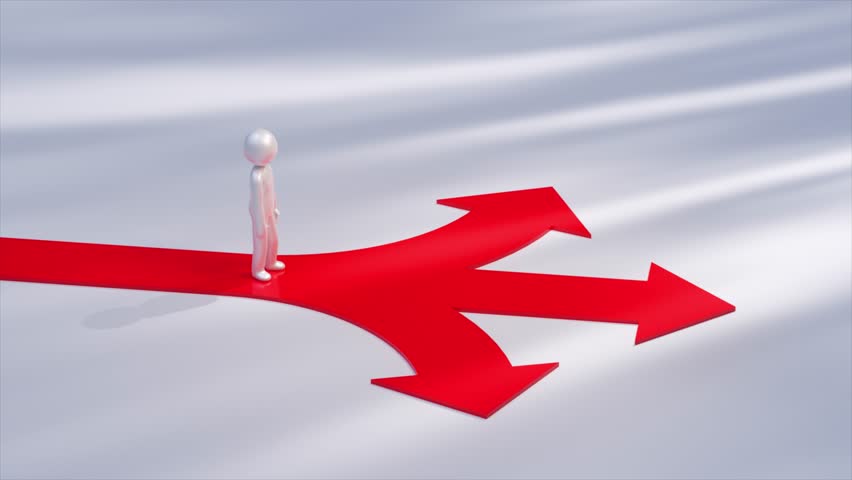Metallic mannequin is walking on a red path that splits into three red arrows, symbolizing choices, directions, strategy, opportunities, and decision-making. 3D Illustration