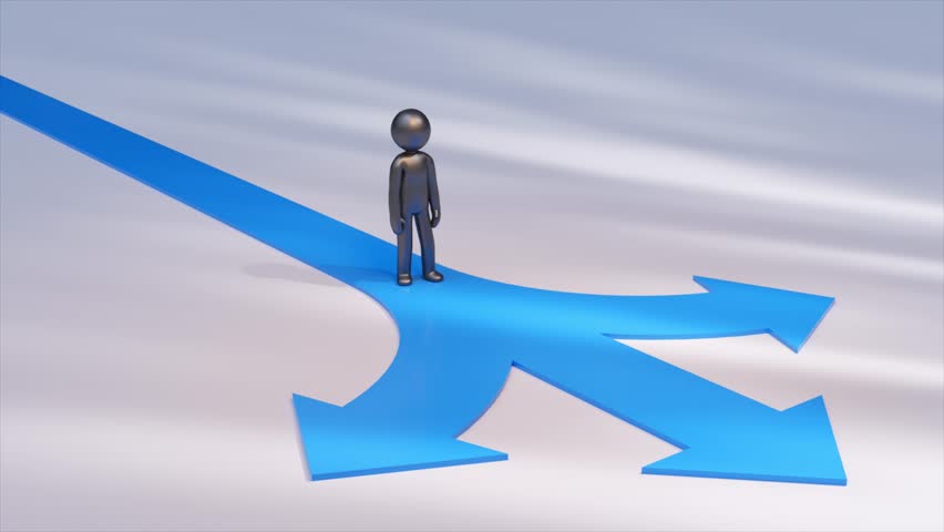 Metallic businessman figurine walking on a blue arrow road splitting in three different directions, making a decision for the future on a white background. 3D Illustration