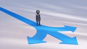 Metallic businessman figurine walking on a blue arrow road splitting in three different directions, making a decision for the future on a white background. 3D Illustration - Powered by Shutterstock - Get 15% off with code: PIKWIZARD15