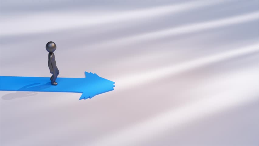 Metallic mannequin character walking on a blue path that divides into three arrows pointing in different directions, symbolizing choices and decision making. 3D Illustration
