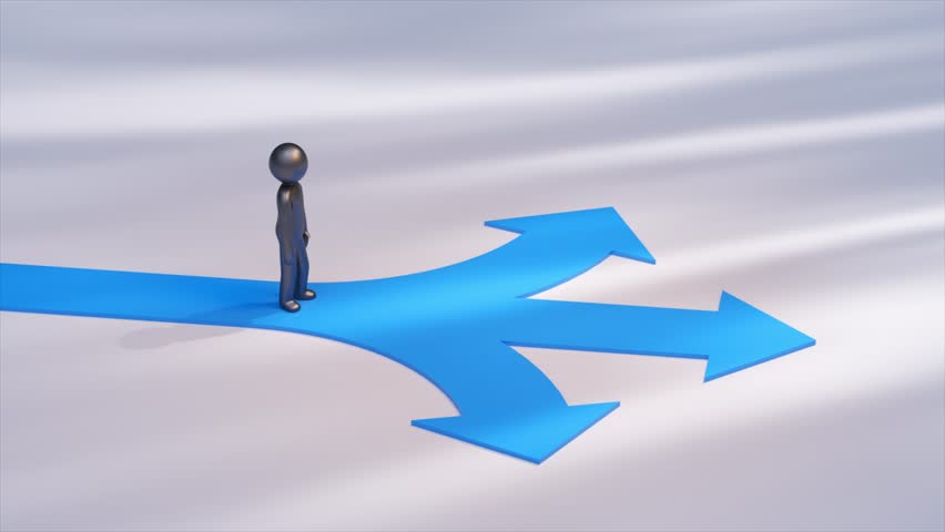 Metallic mannequin character walking on a blue path that divides into three arrows pointing in different directions, symbolizing choices and decision making. 3D Illustration