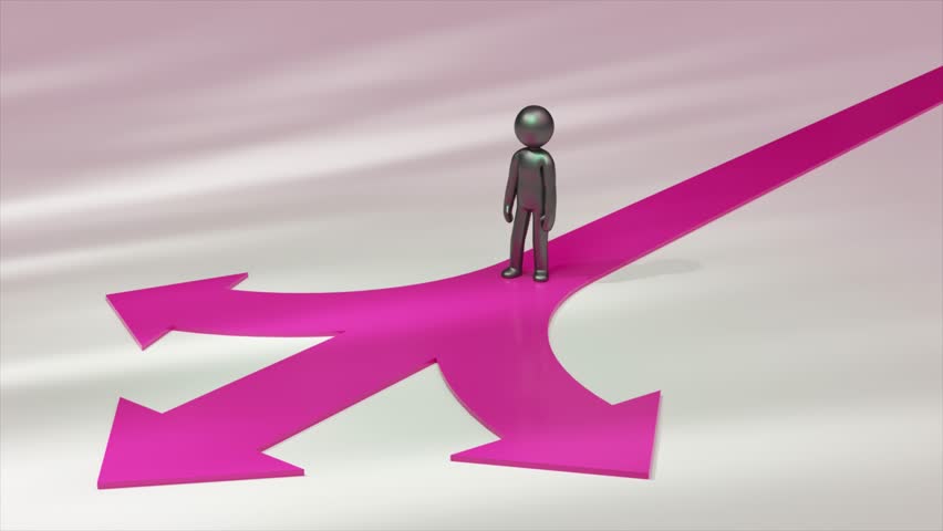 Metallic mannequin is walking on a pink arrow splitting into two, symbolizing choices, decisions, and different paths in business and life. 3D Illustration