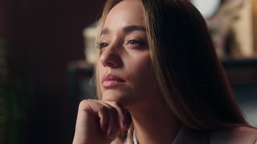 Close up thoughtful dreaming pensive Caucasian girl business woman female entrepreneur boss businesswoman office worker looking distance thinking brainstorm imagine deep thoughts touching chin indoor