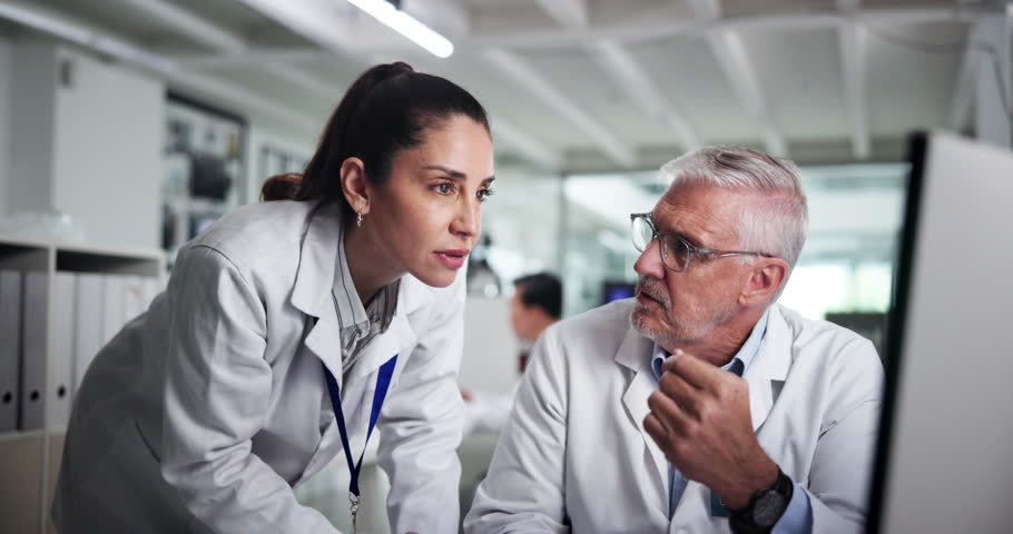 Computer, medical and science with people in laboratory together for collaboration or discussion. Conversation, healthcare and research with scientist team at work for breakthrough or innovation