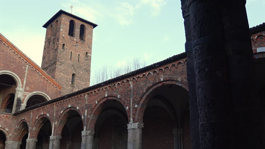 Panning view of abbey of Saint Ambrose (Basilica di Sant