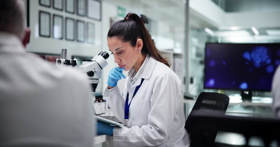 Medicine, woman with microscope, healthcare and quality control for drug research, medical team or innovation. Experiment, pharmaceutical and people with analysis of antibiotics, scientists or clinic