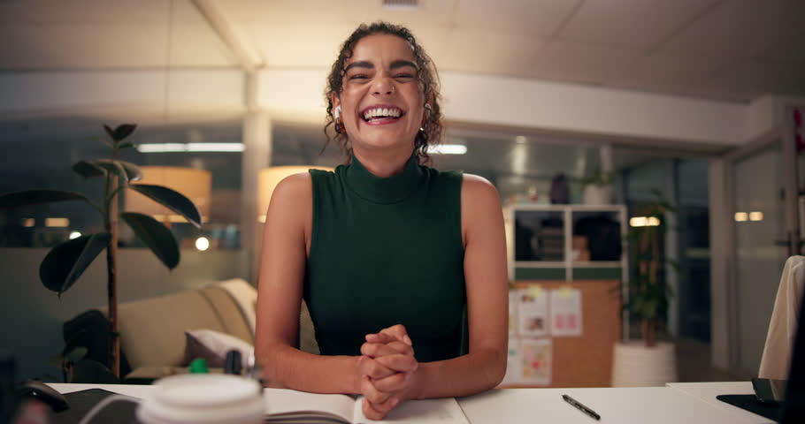 Happy woman, earphones and night with video call for presentation, webinar or online communication at office. Portrait, female person or POV with wave for virtual meeting, talk or late conference