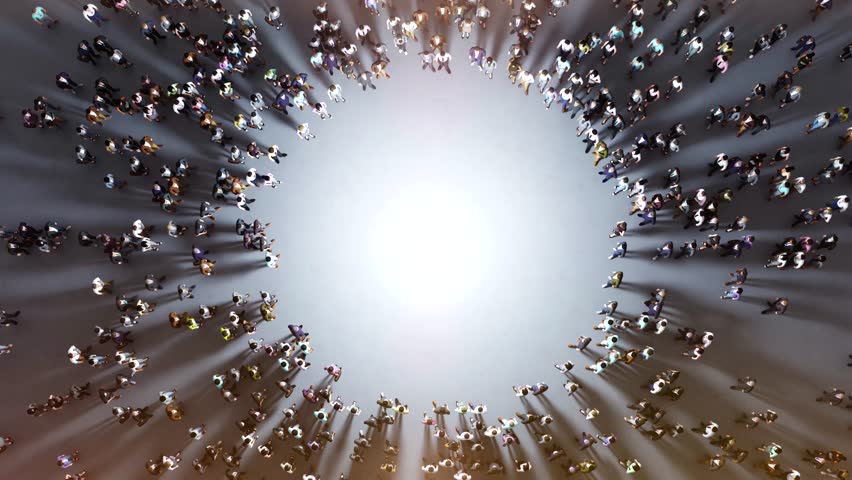 People gathering around a bright white light, creating a sense of community and growth