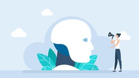 Businessman's hand inserts a chip into white robot head. Woman stands sideways, speaks into a loudspeaker. Chip technological brain, AI brain circuit board, AI technological chip. 2d flat animation - Powered by Shutterstock - Get 15% off with code: PIKWIZARD15