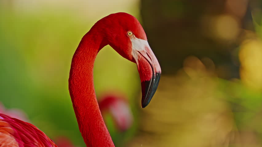 Close up of a bright colorful red American flamingo. This close up video shows a detailed view. Beautiful pink background with pink birds. Gorgeous pink flamingos on the lake