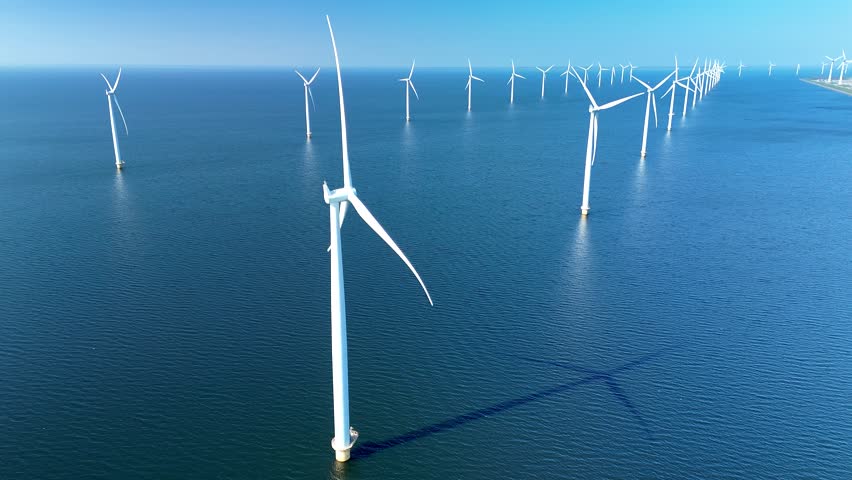 Experience a stunning offshore windmill park in the Netherlands, featuring numerous towering wind turbines harnessing renewable energy. The clear blue skies and calm waters create a serene atmosphere.