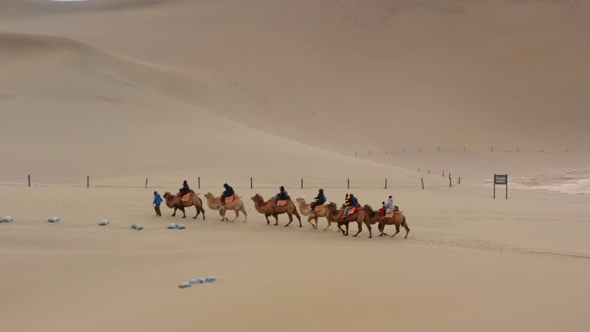 sunny evening time desert dunes aerial panorama 4k china