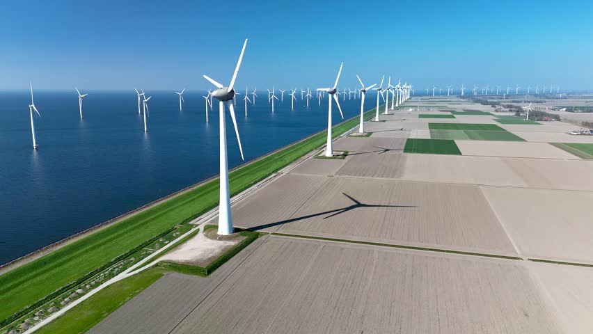 This aerial view captures a vast offshore windmill park in the Netherlands, utilizing large wind turbines to harness renewable energy. offshore windmill turbines in the ocean, green energy transition