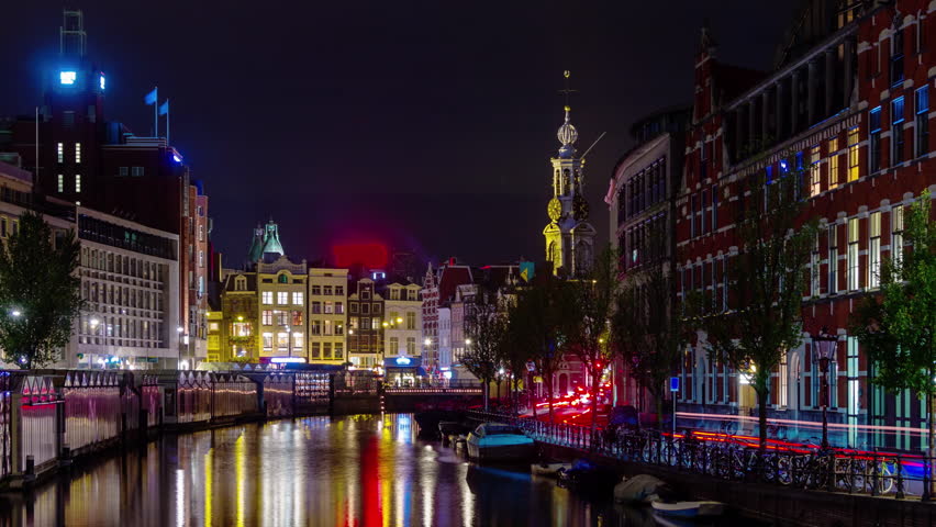 famous amsterdam night bridge canal city panorama 4k time lapse netherlands