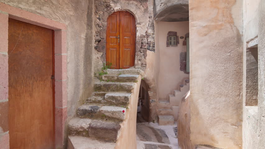 day time santorini island fira town street stairs door panorama timelapse 4k greece