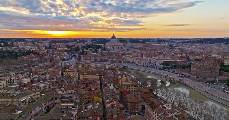 Aerial view rooftops of the city of Rome, Italy. Establishing shot of the capital