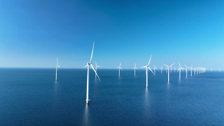 Wind turbines rise gracefully from the calm waters of the North Sea, showcasing the Netherlands' commitment to renewable energy. offshore windmill turbines in the ocean, green energy transition
