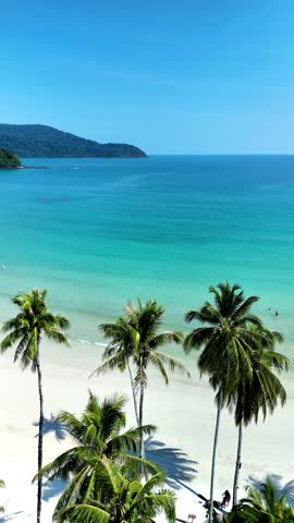 Stunning beach landscape on Koh Kood Island, Thailand, featuring swaying palm trees and clear turquoise waters. Perfect getaway for relaxation and exploring natures beauty during a sunny day.