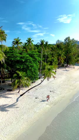 Two people enjoy a peaceful walk along the pristine beach of Koh Kood Island in Thailand, surrounded by lush palm trees. The bright blue sky and inviting sands create a perfect tropical escape.
