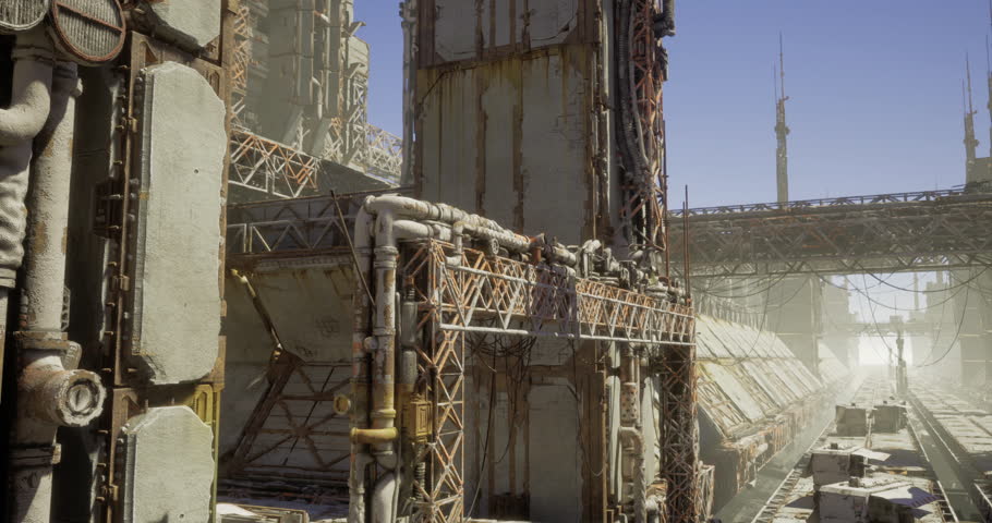 In a vast, deserted urban environment, towering industrial structures rise against a clear blue sky. Rust and decay highlight the age of the infrastructure, while faint mist adds an eerie atmosphere.