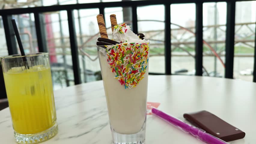 Tasty Banana Milk Shake With Cream. Colorful milkshake and drink on cafe . Fresh orange juice. Milkshakes With Whipped Cream in Glass. Delicious dessert drink.