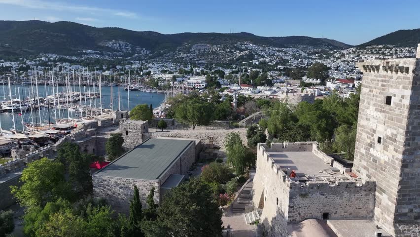 Bodrum City and Castle Drone Video, Summer Season in the Bodrum Beach and Marina, Bodrum Mugla, Turkiye (Turkey)