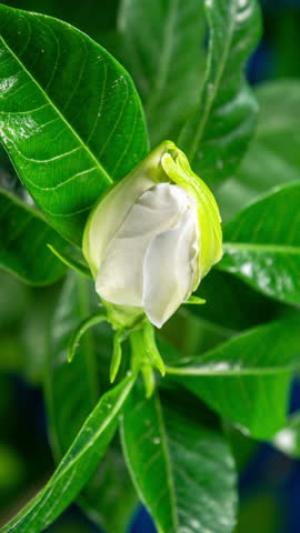 White Flower Opening Time Lapse with Rotating Effect. Gardenia Jasminoides or Cape Jasmine Flower Blooming on Green Leaves Background in Timelapse