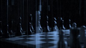 Chess pieces on a chessboard with digital code, glitch effect and abstract background. 4K. - Powered by Shutterstock - Get 15% off with code: PIKWIZARD15
