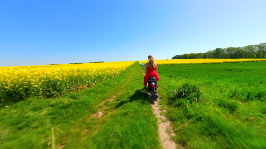 Dynamic FPV drone shot of woman in red dress riding motorcycle through blooming yellow rapeseed fields. Concept of freedom, spring, and nature.
