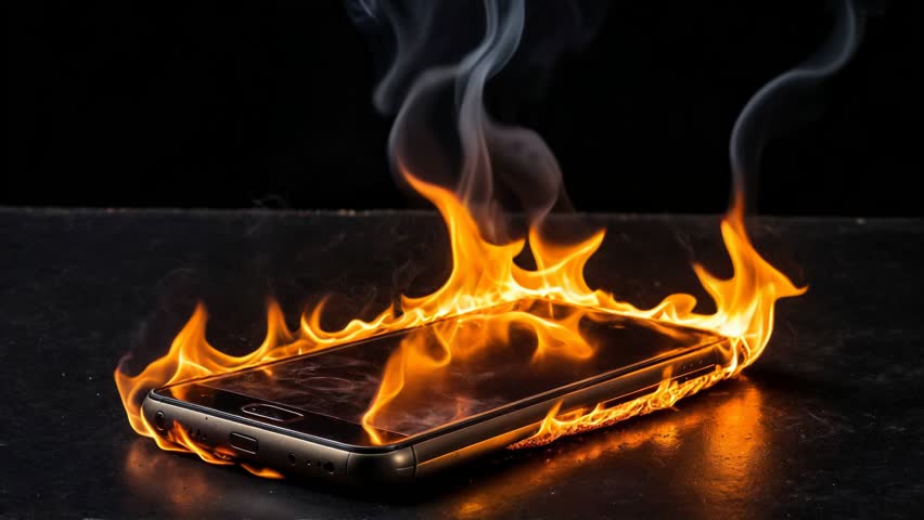 A smartphone burning with flames and smoke, highlighting the potential hazards of technology. The image conveys a sense of urgency and danger.