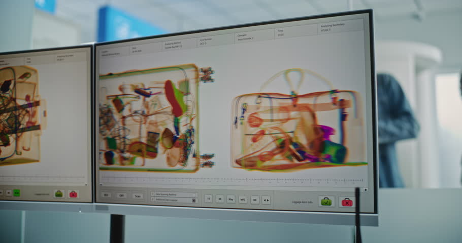 Airport Security Checkpoint: Diverse Passengers with Luggage During Screening Procedure. Rack Focus on Computer Monitor Displaying Advanced Analyzing Software for X-ray Metal Detector Baggage Scanning