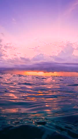 Underwater scene in the Maldives with a view of the surface highlighting pink and purple clouds reflecting sunset colors.