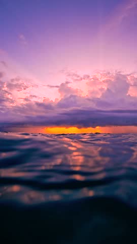 Underwater scene in the Maldives with a view of the surface highlighting pink and purple clouds reflecting sunset colors.